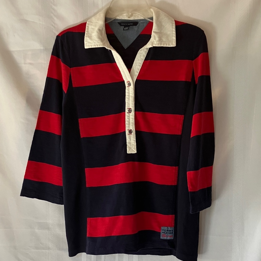 Tommy Hilfiger Red and Black Striped Polo